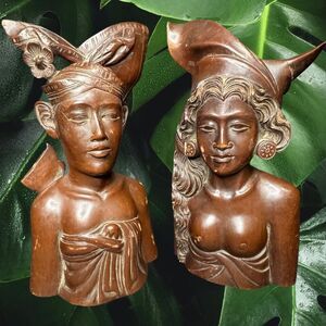 Pair of VTG KLUNGKUNG Bali Iron Wood Carved Busts mid-century tiki 10" READ